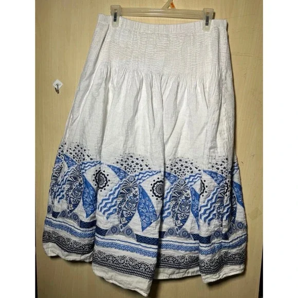 Coldwater Creek Womens White Blue Smocked Waist Cotton Border Print Midi Skirt S - Picture 1 of 5